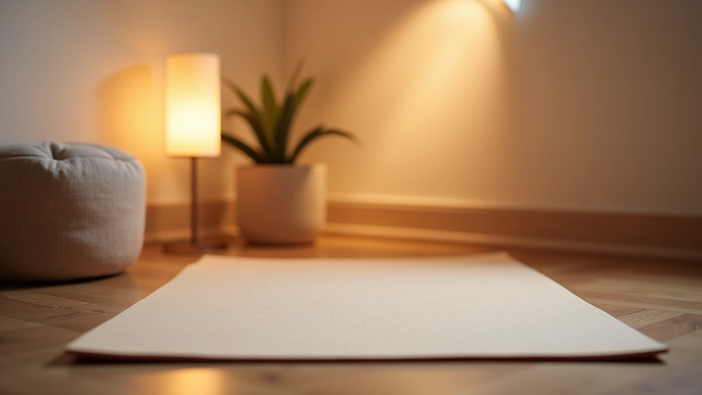 Minimalistisches Schlafzimmer mit Yogamatte, warmer Beleuchtung und ruhigen neutralen Farben