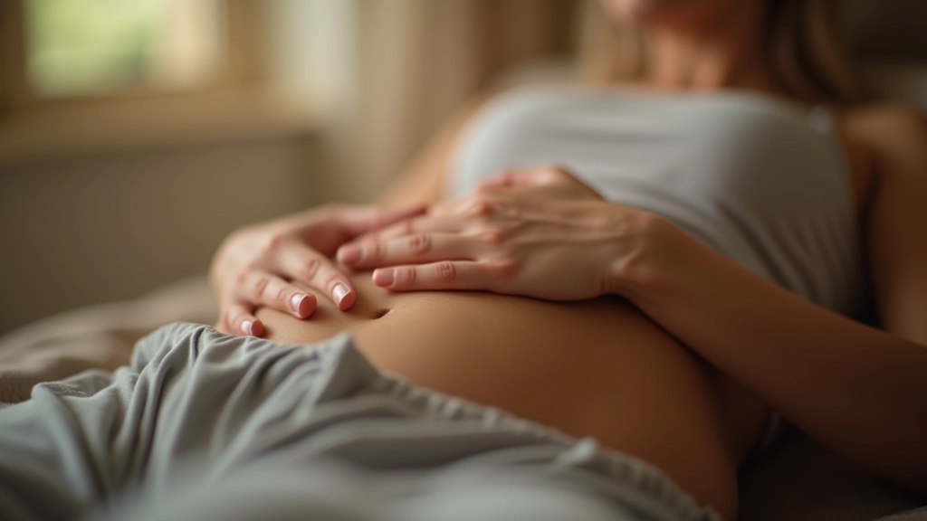 Nahaufnahme der Hände ruhig auf dem Bauch während der abendlichen Entspannungspraxis